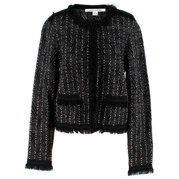 Diane von Furstenberg Sheila Metallic-Tweed Black Fringe Knit Sweater Jacket - Picture 2 of 14